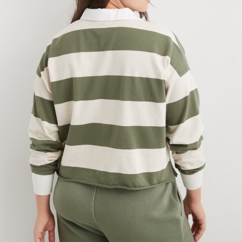 AERIE Striped Olive Green and White Collared Long Sleeve Cropped Rugby Polo - Picture 6 of 8